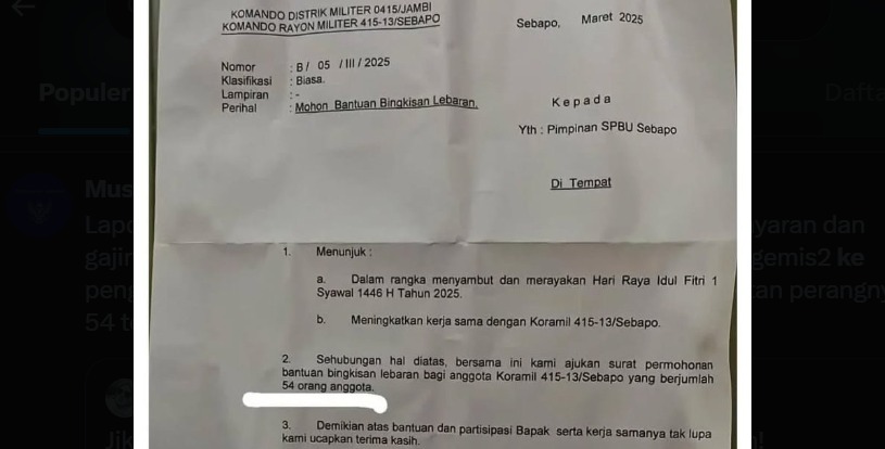Viral! Koramil Nguter Sukoharjo Minta Bingkisan Lebaran, Begini Isi Suratnya